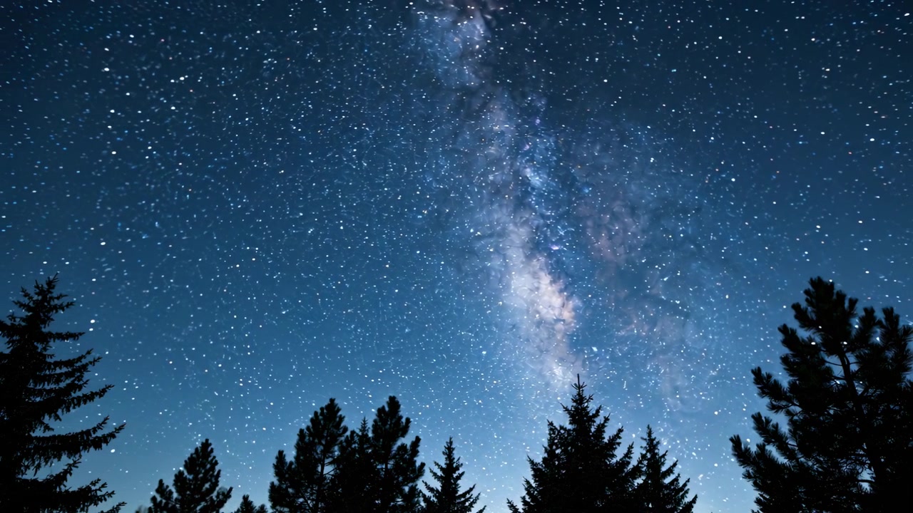 Registrazione timelapse, fascia della Via Lattea che si sposta nel cielo notturno sopra i pini, rivelando il movimento delle stelle.