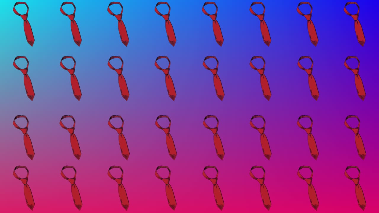 Animation of multiple tie icons in seamless pattern against blue and purple gradient background