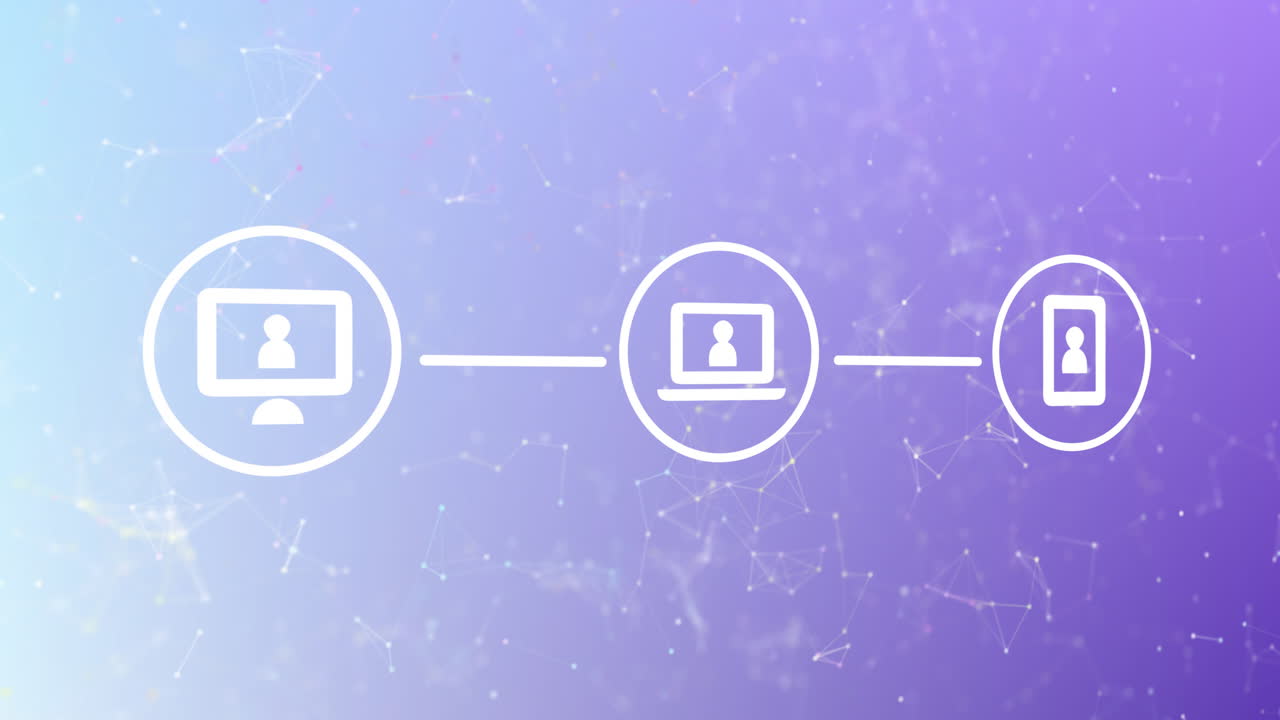 보라색 배경 위에 아이콘으로 연결 네트워크의 애니메이션