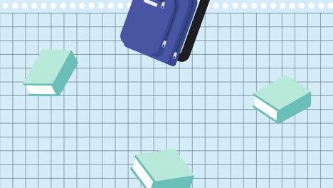 animation of blue books and schoolbags falling over squared notebook page