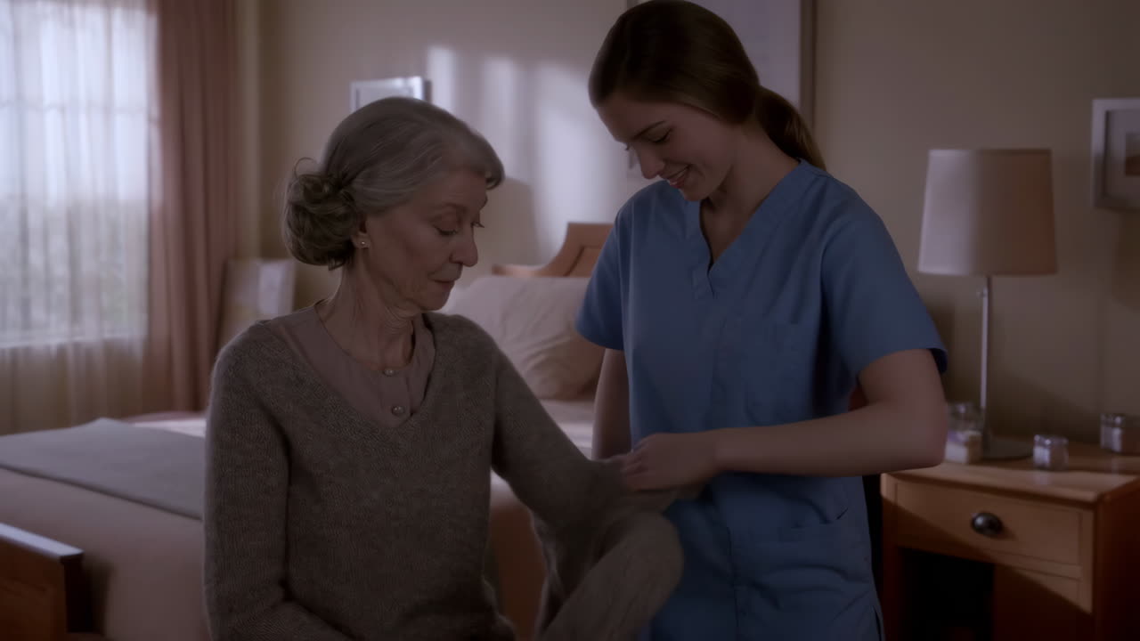 A caregiver assisting an elderly woman in a room