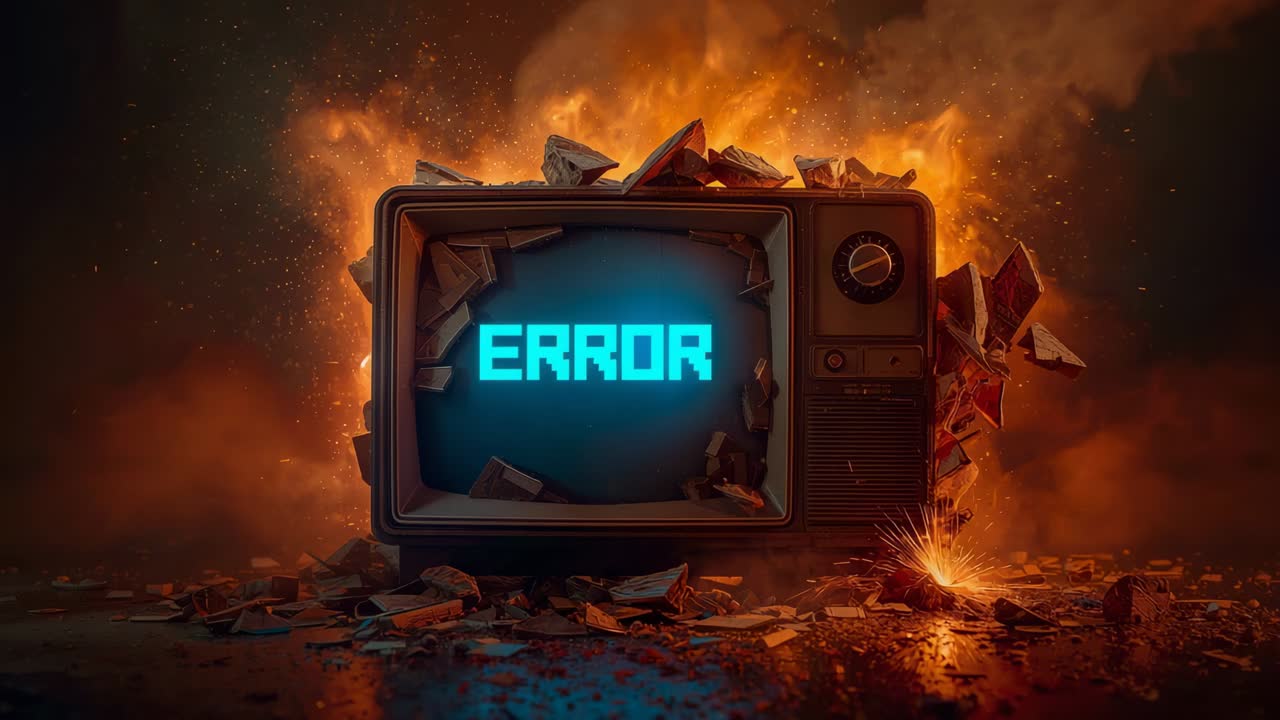Sparks igniting at right base, CRT television flashing ERROR text in studio indicating failure