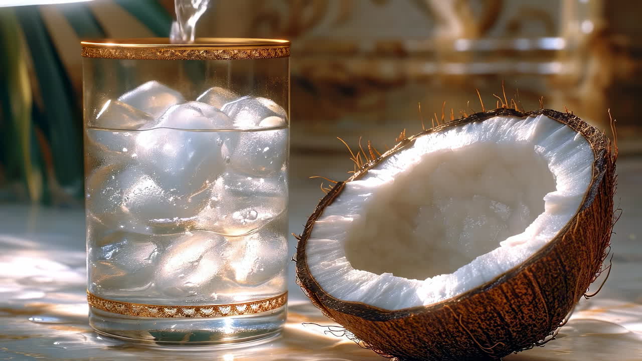 Coconut water served cold. Coconut half sits beside a glass filled with ice and clear water, showcasing a refreshing drink on a sunny day