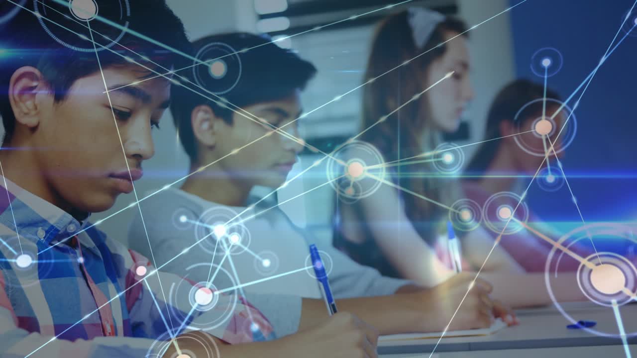学校で学ぶ多様な学生たちの上に、つながりのアニメーションが重なる