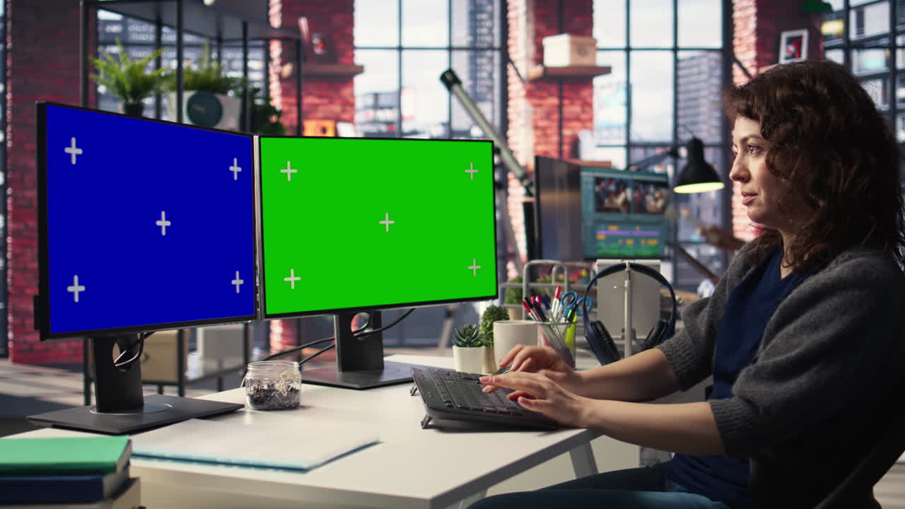Employee in office working on PC with isolated copy space on dual monitors