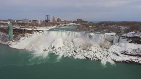 Gran-Paralaje-Aéreo-De-Las-Cataratas-Del-Niágara,-El-Puente-Y-Los-Acantilados-Helados-En-Invierno