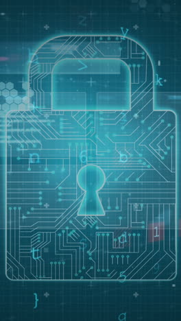 animación del candado de seguridad en línea, escaneo de alcance y procesamiento de datos sobre fondo azul