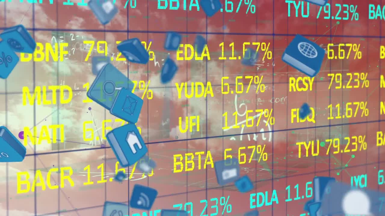 소셜 미디어 아이콘의 디지털 복합 비디오가 주식 시장 데이터 처리에 맞서 움직입니다.