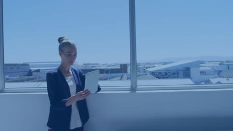 animation of network of connections with icons over caucasian businesswoman