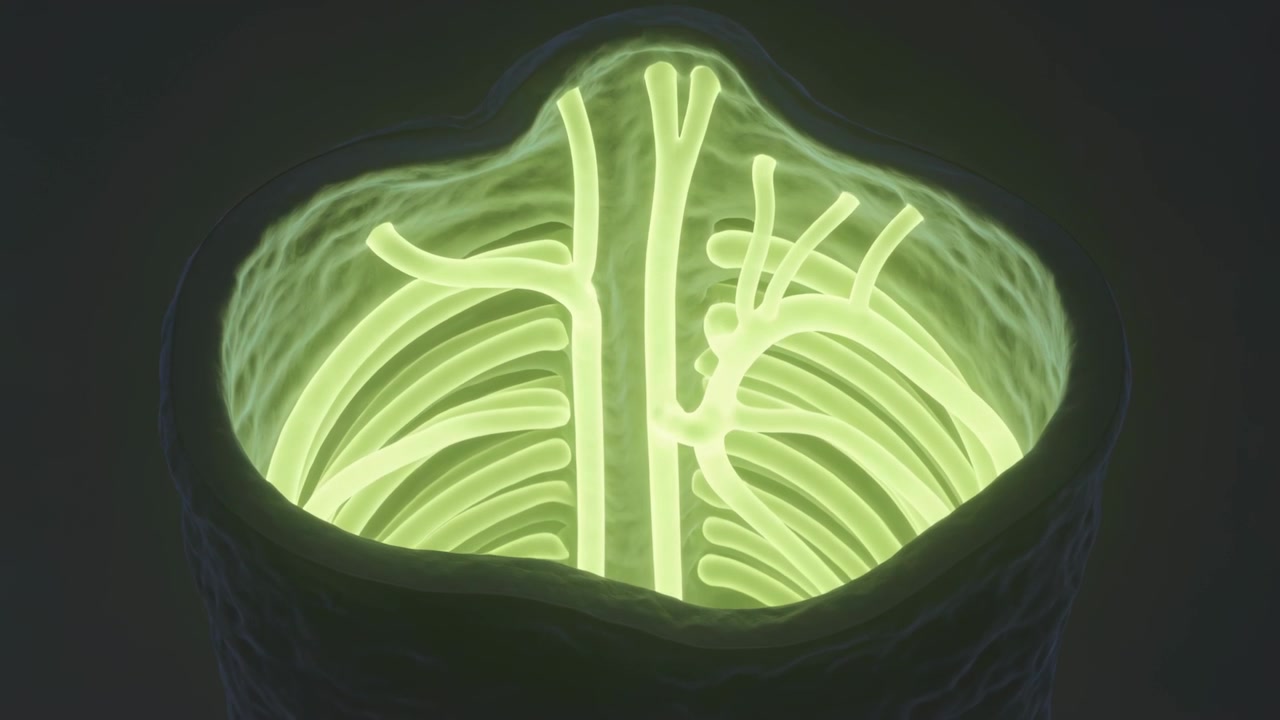 Camera starting top-down view revealing cylinder cavity with tubular network pulsing yellow-green