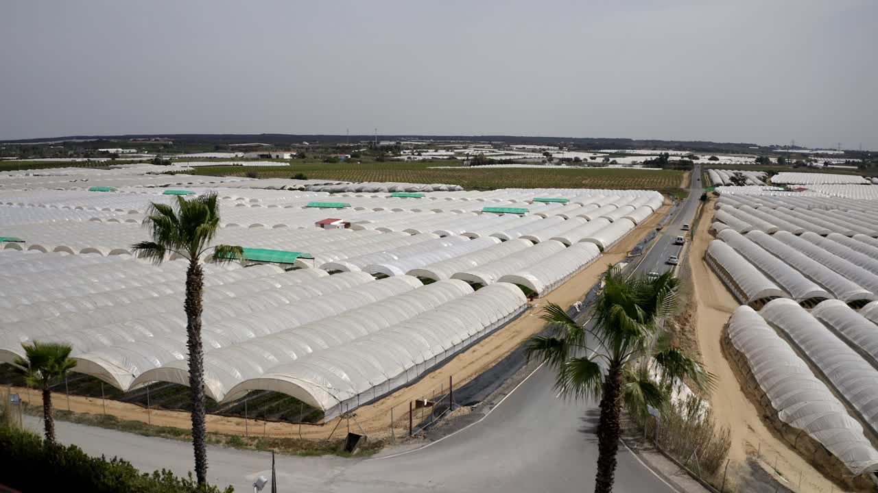 스페인의 대규모 온실 농장의 항공 영상