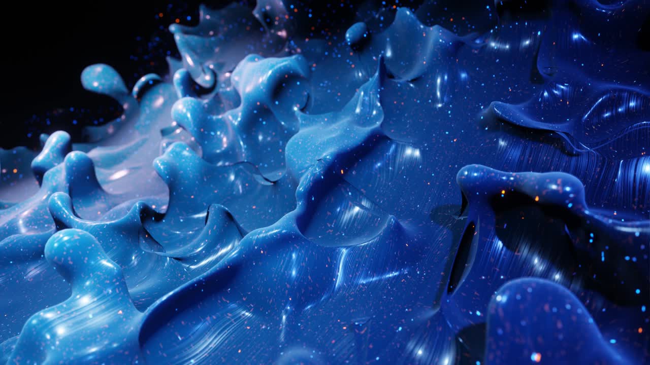 4k에서 액체 그라디언트 파란색의 부드러운 추상 애니메이션, 추상적인 루프 축제 배경으로 밝은 반이는 페인트 표면, 방울처럼 표면에 3d 스플래시와 함께 점성 액체에 반이는.