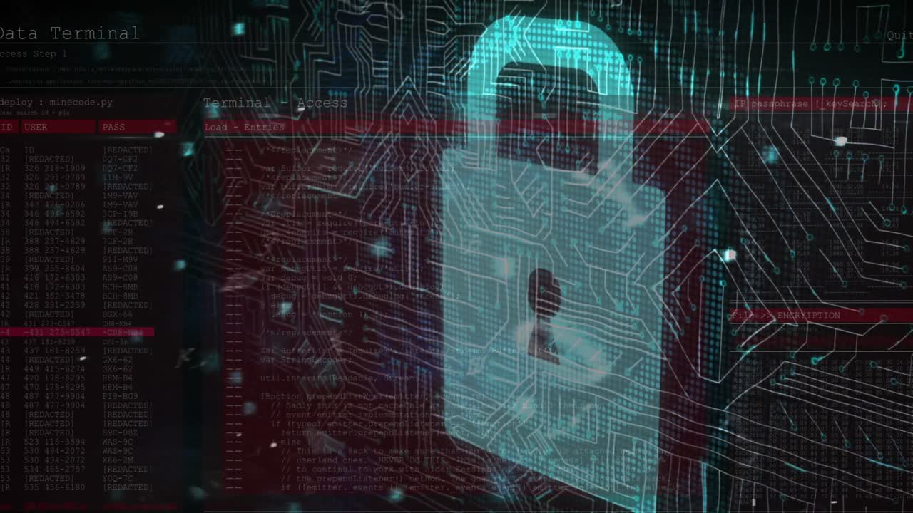múltiples números y letras cambiantes contra el icono de candado de seguridad y las conexiones de microprocesador
