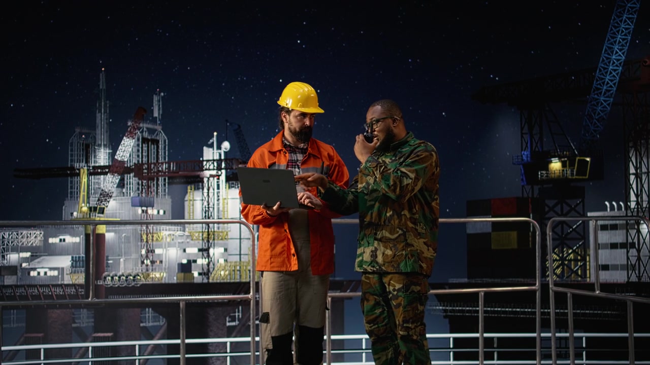 Soldier on drilling rig talking into handheld radio during global oil crisis