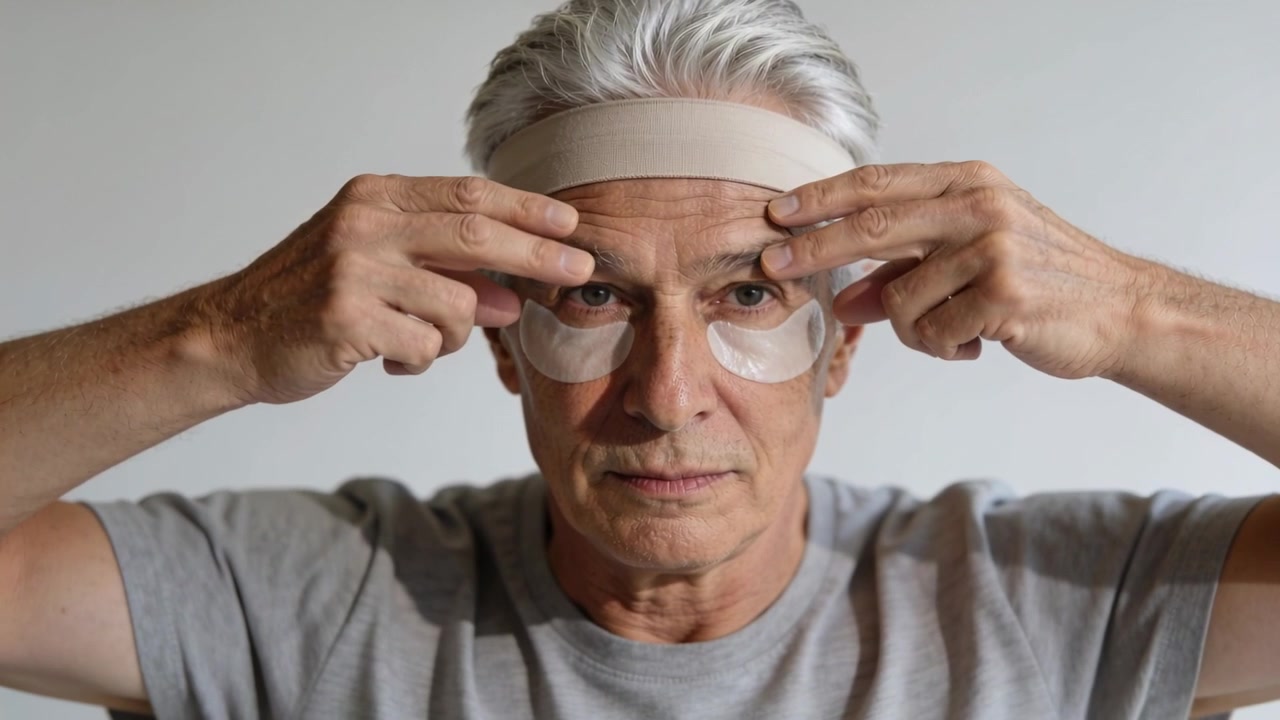 Adjusting senior man smoothing under-eye patches, removing headband at home for grooming, gray tee