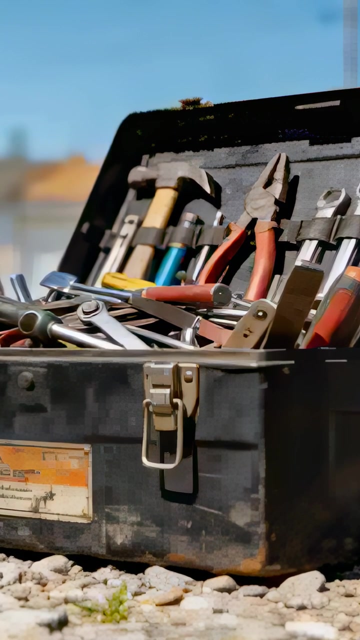 Vertical video: Zooming camera revealing weathered metal toolbox on gravel at worksite, with pliers