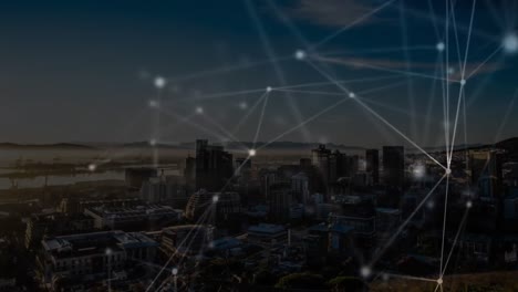 animation of network of connections and data processing over cityscape