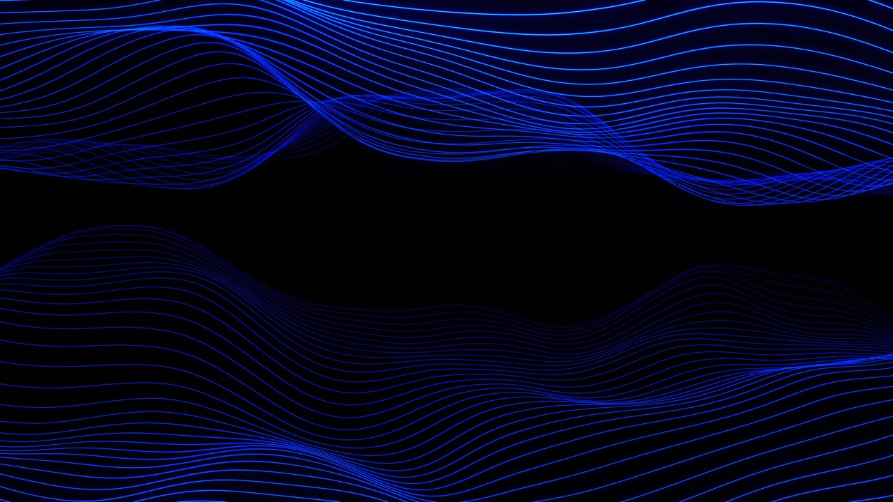 Abstract blue neon light wave lines on black background