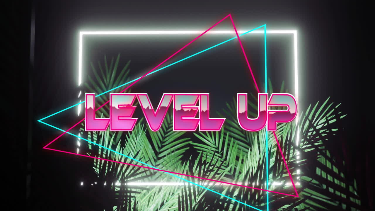 Neon geometric shapes with animation over tropical palm leaves with text