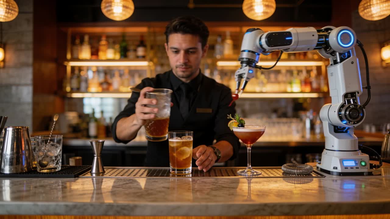 Vertical video: Pouring bartender in apron while robot arm placing cherry serving drink at bar