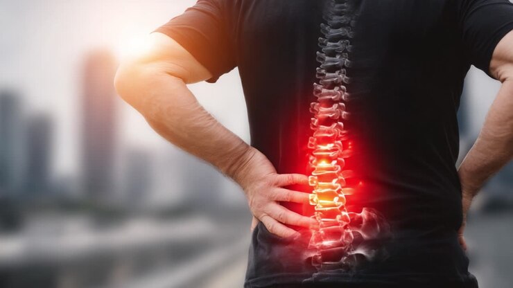 A Visual Representation of Back Pain Highlighting the Lumbar Region and Spinal Misalignment with an Emphasis on Inflammation and Discomfort