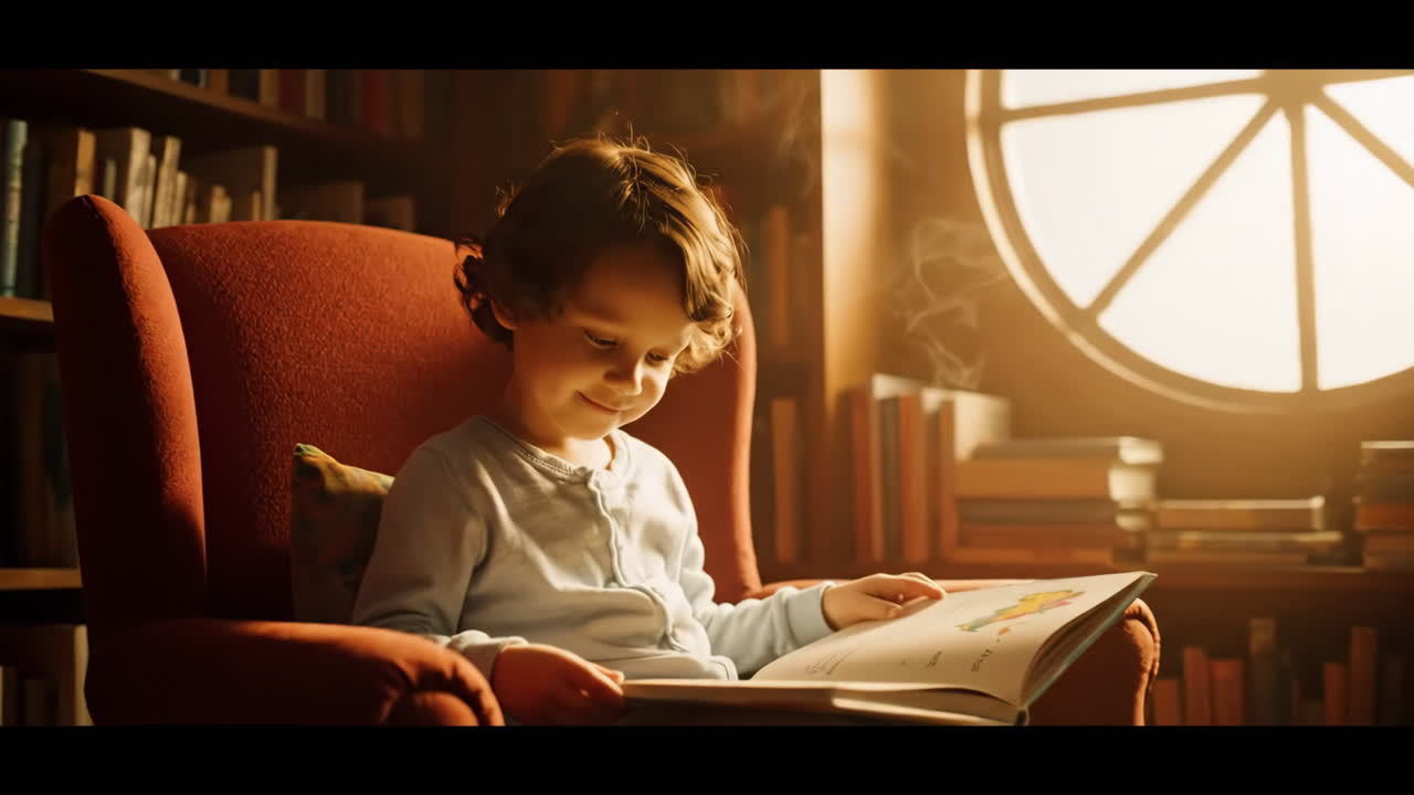 A young child reading a book in a cozy library armchair