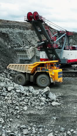 giant mining dump truck being loaded by a large excavator in an open pit mine