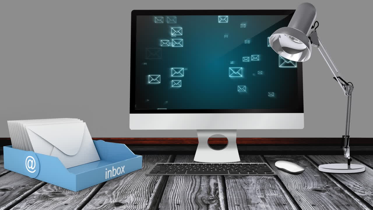 전자 메일 아이콘 비디오를 보여주는 pc 화면