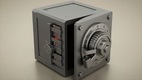 a detailed look at a gray safe with combination lock mechanism, featuring an open door, showcasing security technology and design innovations