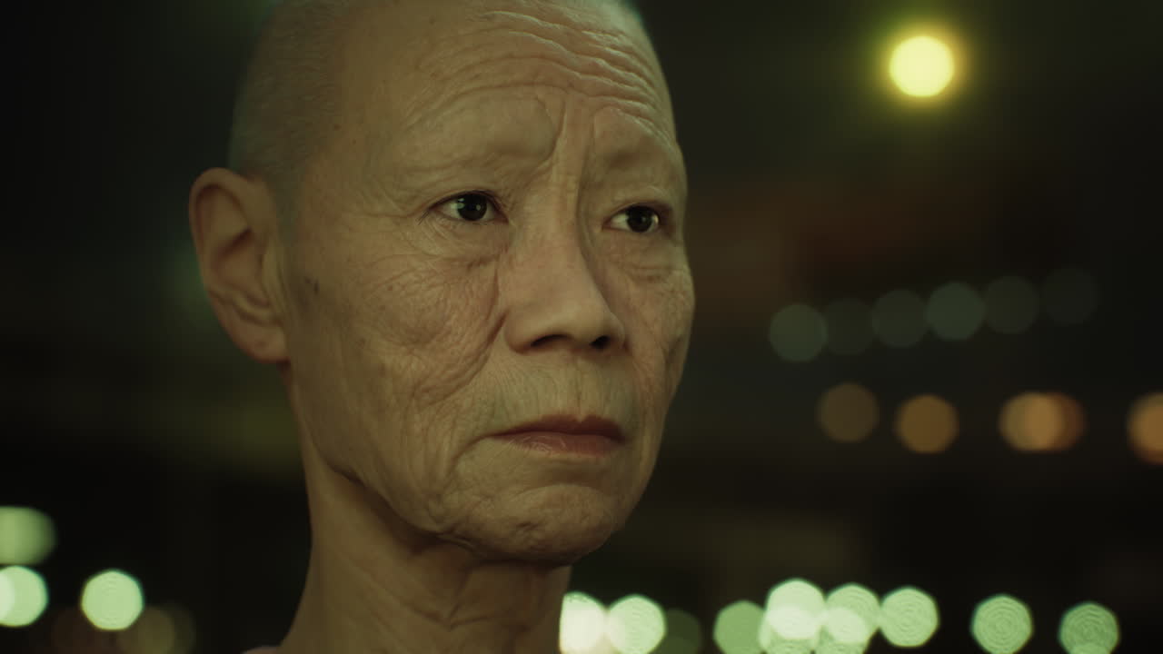 밤에 도시에 있는  ⁇ 은 아시아 여인