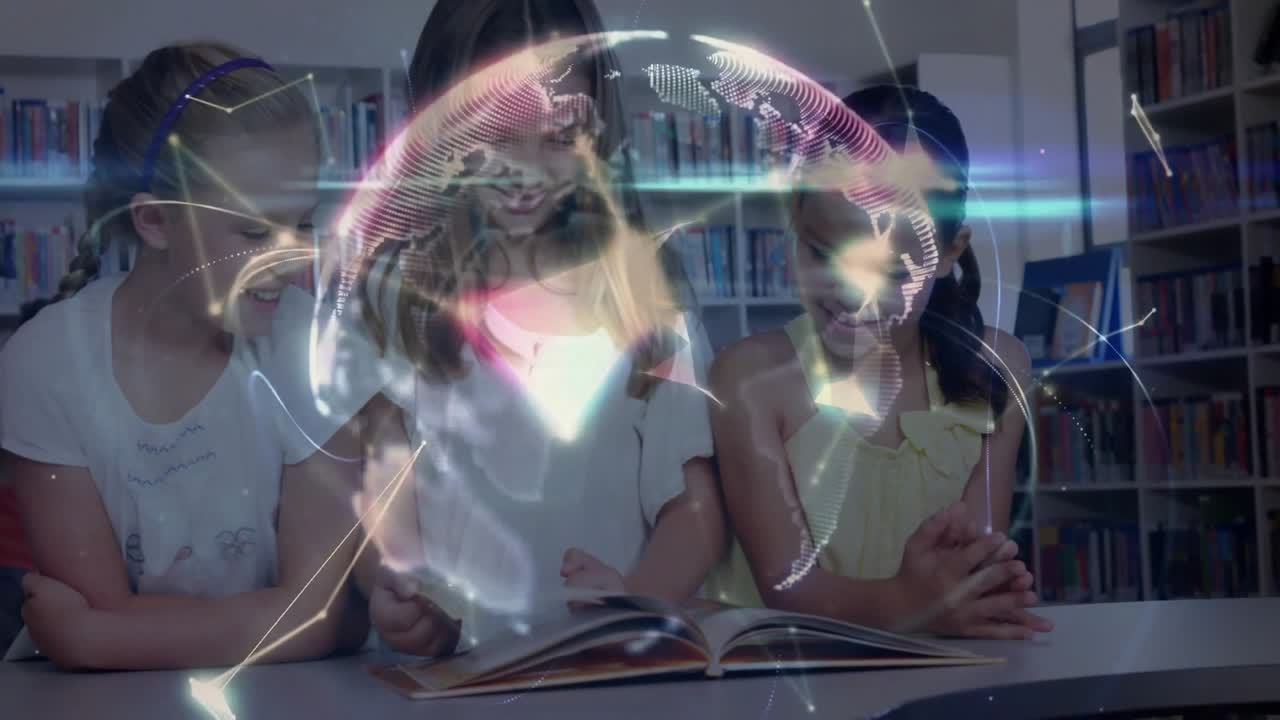 three girls focusing on book page in education while creating network lines forming rotating globe