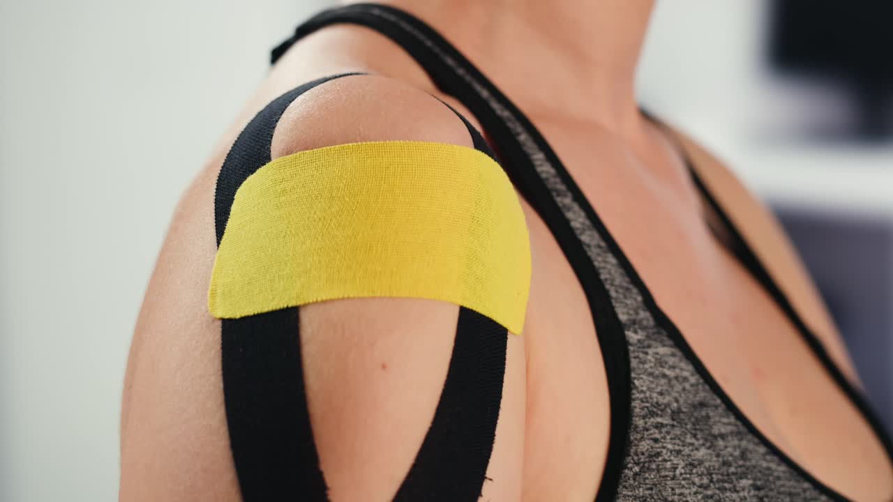 Kinesiology medical taping, doctor Physical therapist applying elastic surgical tape to patient body, treating injured knee young athlete.Post traumatic rehabilitation, sport physical therapy recovery