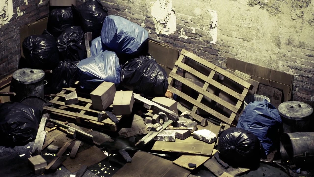 Un cumulo di rifiuti urbani nasconde i segreti di spazi dimenticati in un vicolo.