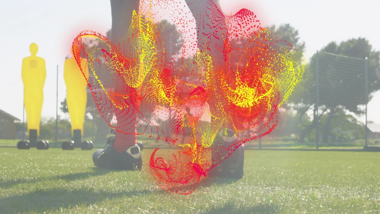 Kicker foot activating aero visualization enveloping ball while practicing shot past mannequins