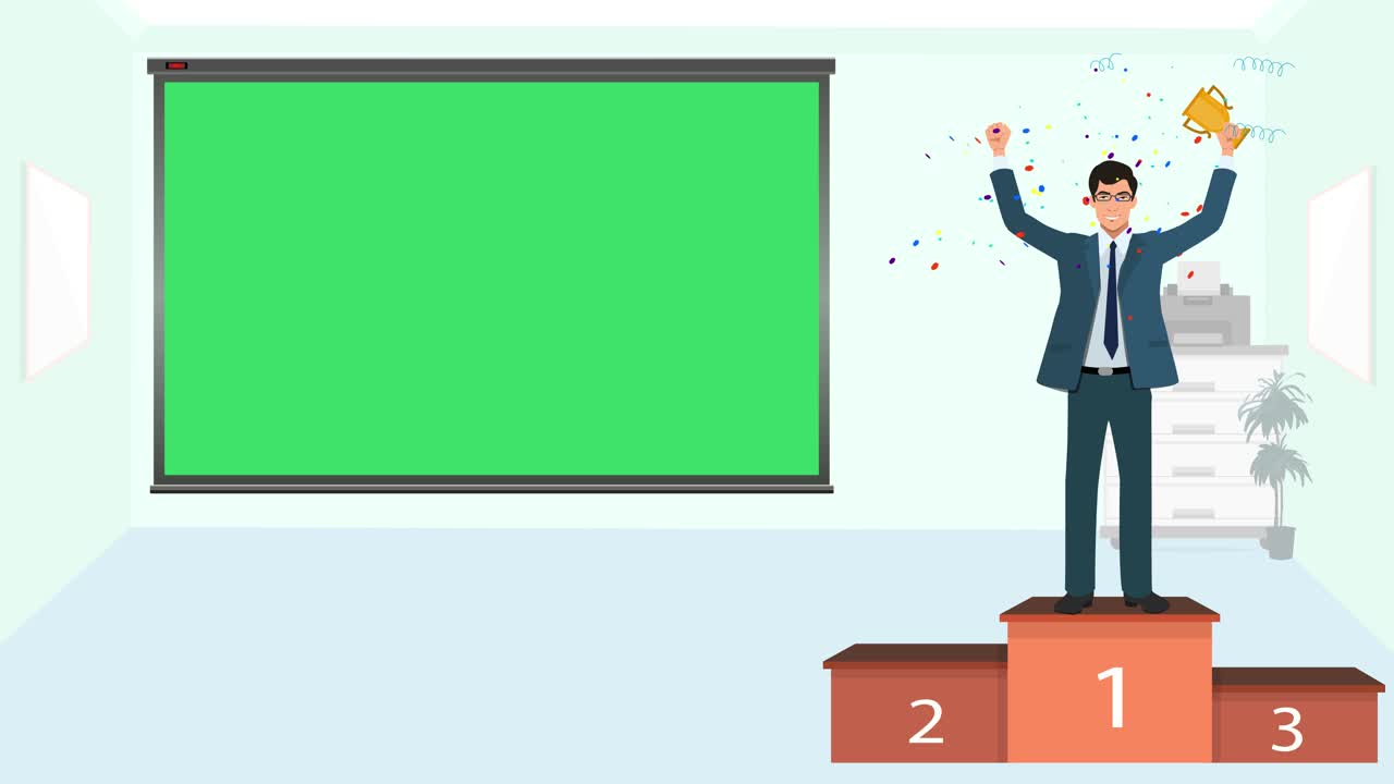 연단에 트로피를 들고 있는 사업가의 만화 버전과 성공의 비즈니스 개념을 나타내는 배경에 녹색 보드가 있는 사무실