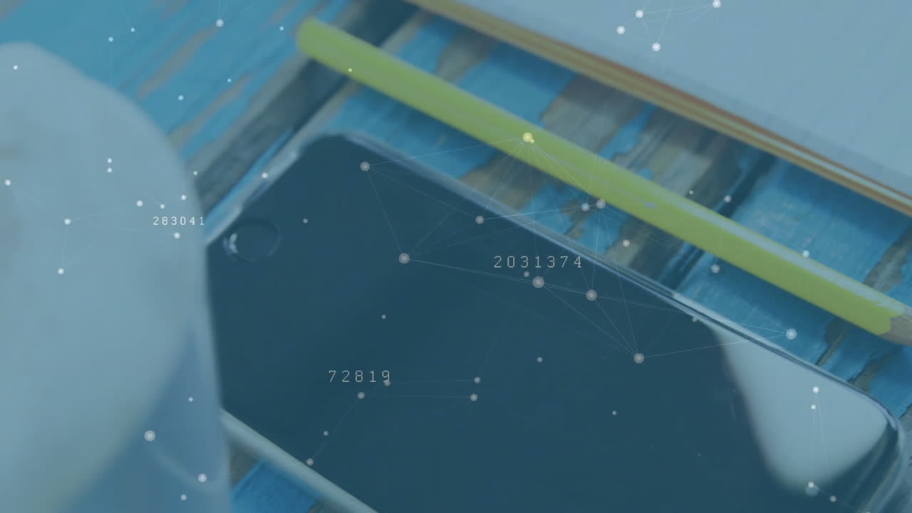 Smartphone screen displaying floating data nodes and labels over blue desk, with pencil and coffee