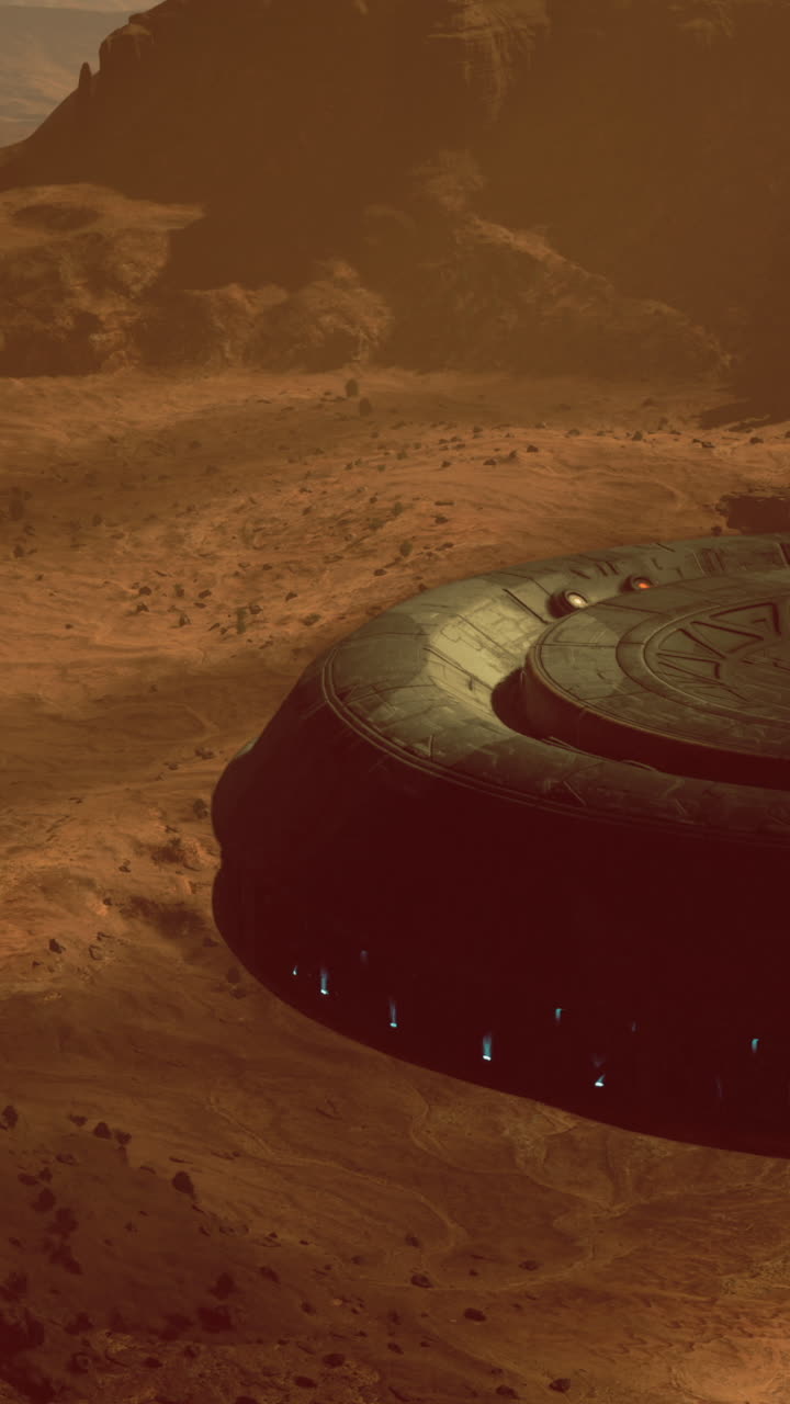 Mysterious ufo spotted over rocky desert landscape at sunset