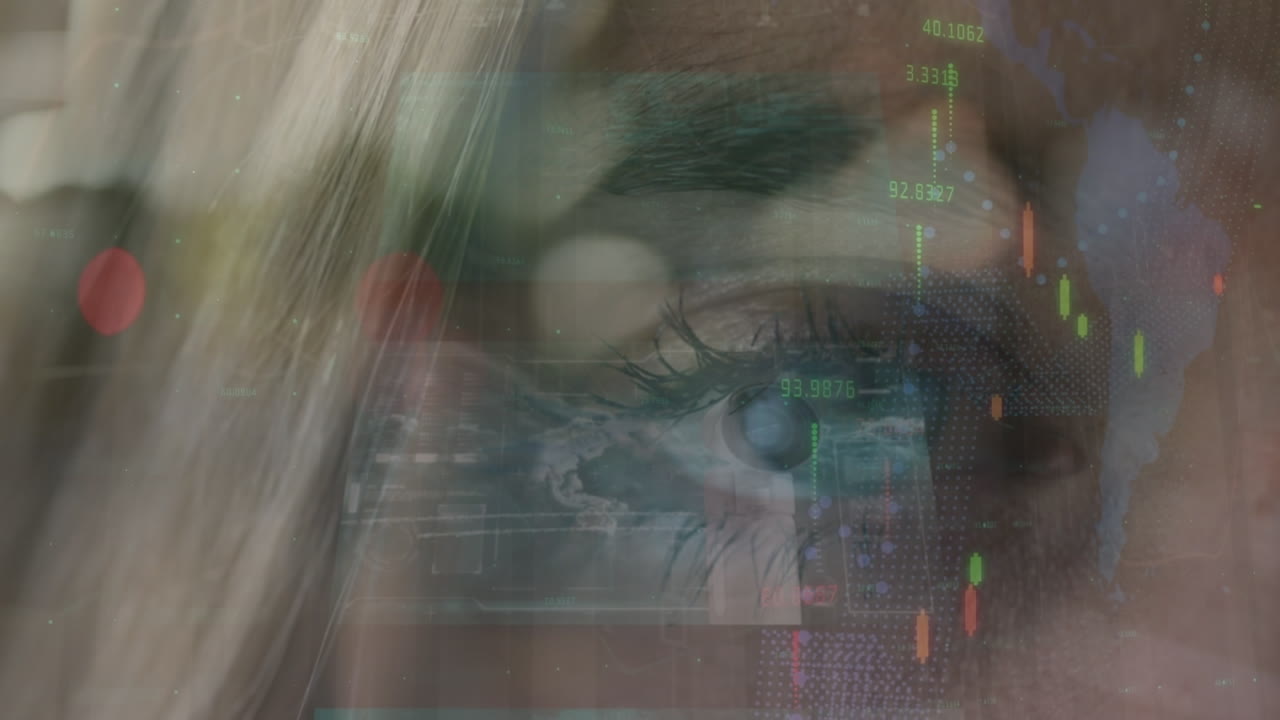 animación de datos financieros y gráficos sobre el ojo de una mujer caucásica