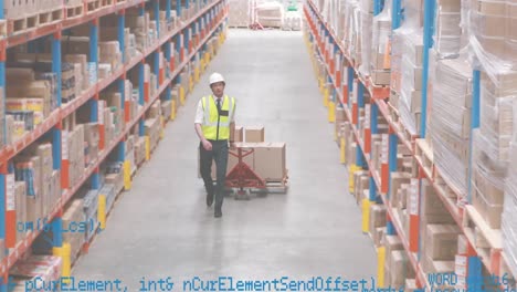 Man-dragging-a-fork-lift-inside-a-warehouse