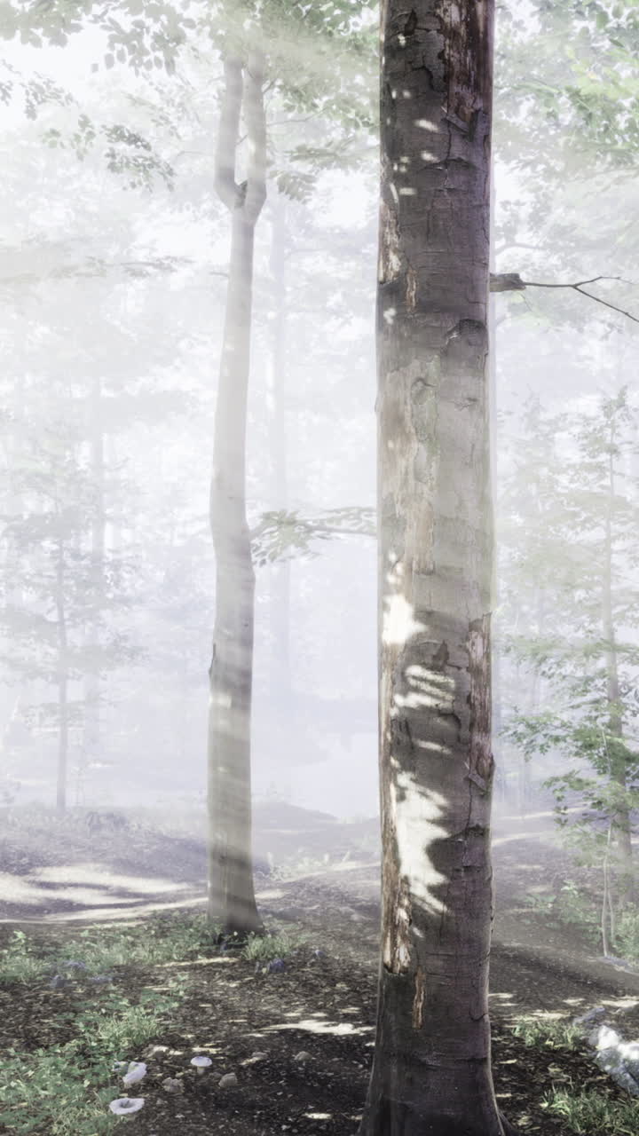 Misty forest landscape with soft light creating a tranquil atmosphere