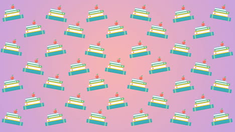 animación digital de la manzana sobre la pila de libros iconos contra un fondo de gradiente rosa