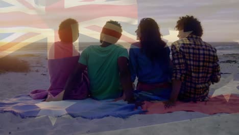 animación de ondear la bandera de australia sobre un grupo de amigos divirtiéndose en la playa