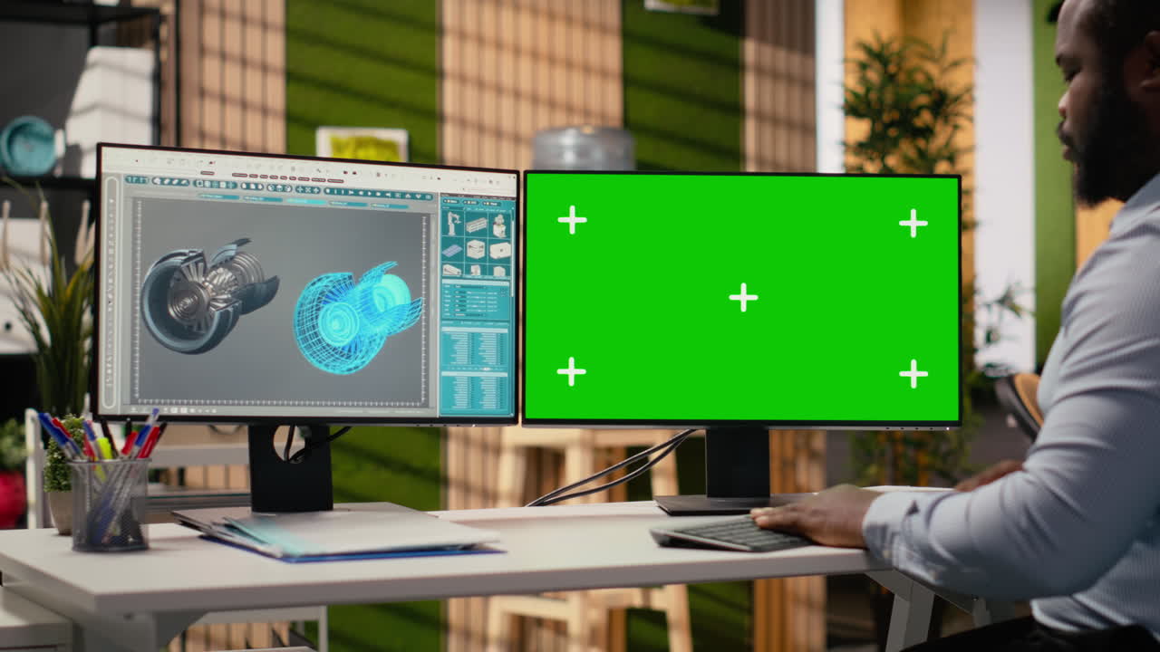 Renewable Energy Engineer Works On Wind Turbine Using Green Screen Computer