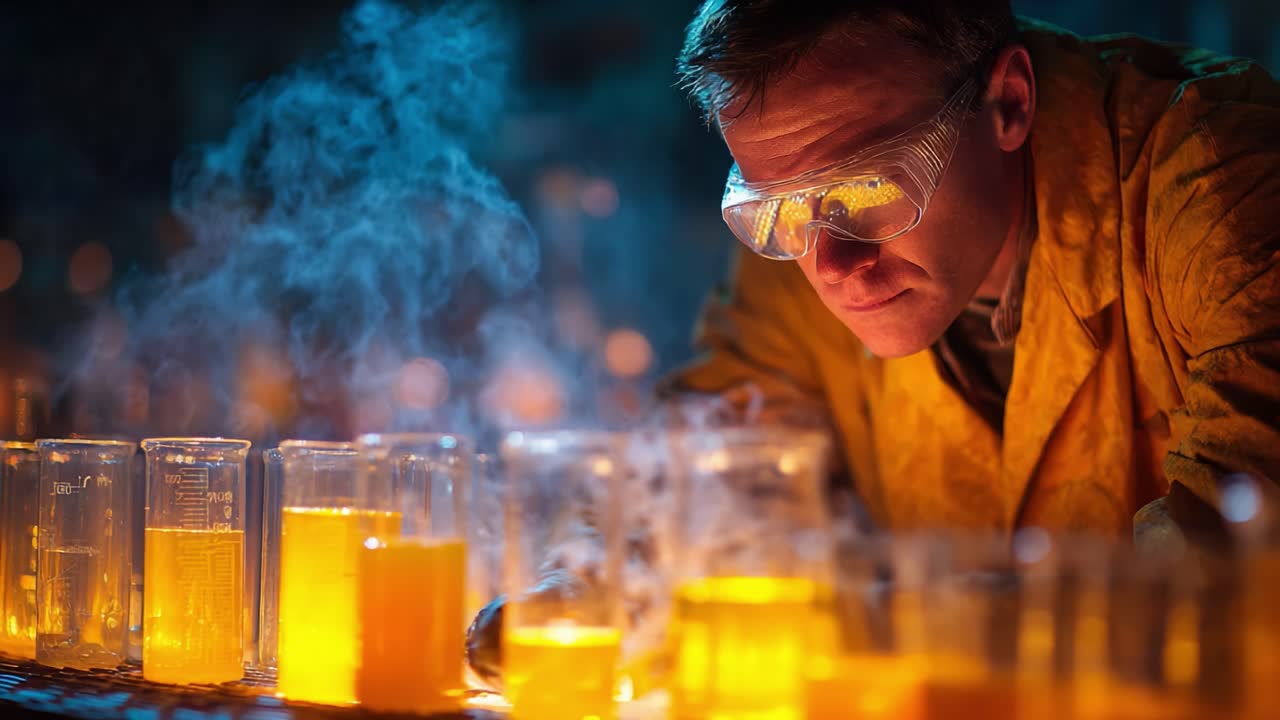 A focused scientist in a lab intensely examines glowing, vibrant beakers filled with colorful liquids and steam, showcasing the art and science of experimentation and chemistry