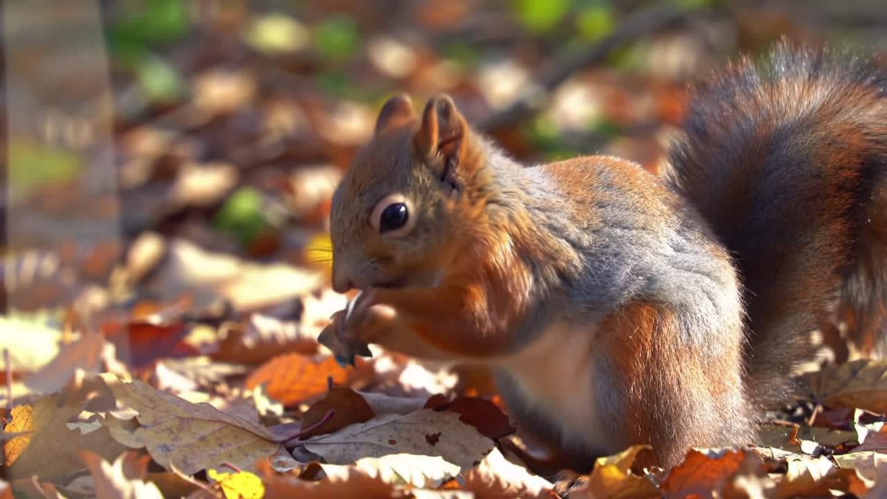 A Playful Squirrel foraging for food among colorful leaves in a serene autumn setting, showcasing its natural behavior and vibrant environment