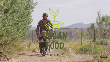 pushing wheelbarrow with child, man enjoying outdoors, vegan food locally grown animation