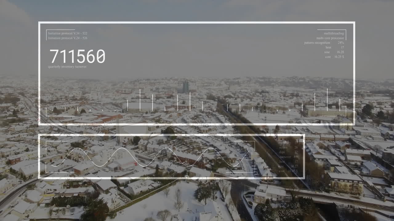 Data processing animation overlaying snow-covered cityscape in urban environment