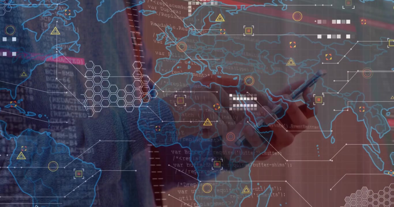 Animation of data processing over world map against mid section of man using smartphone