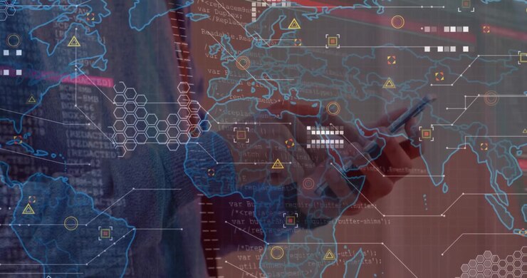 Animation of data processing over world map against mid section of man using smartphone