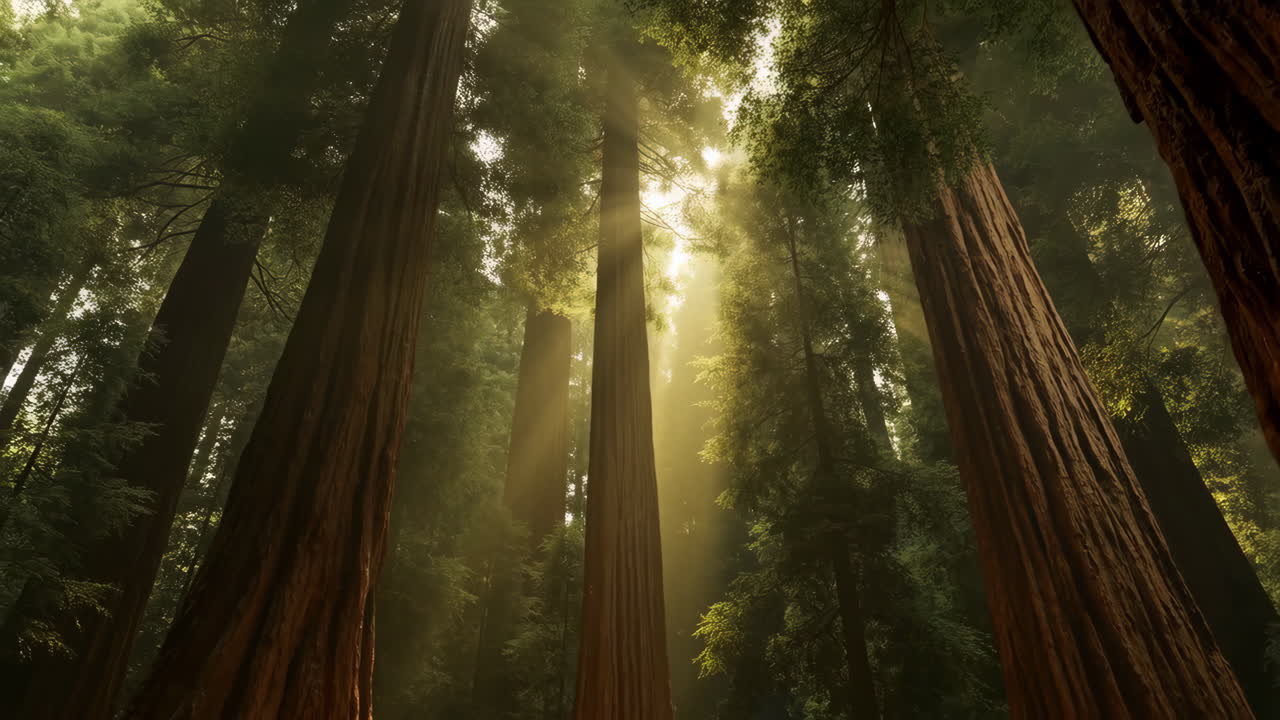La luce del sole attraverso la foresta di sequoie